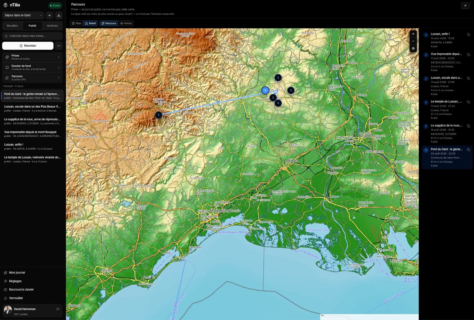 A nTilia Mission map: route, GPS points, and field notes