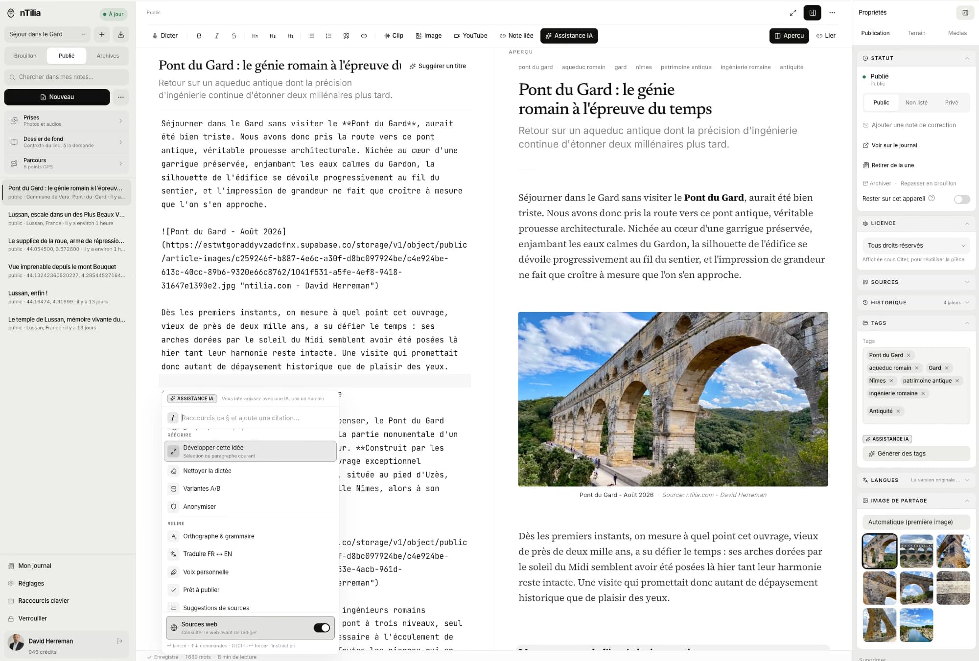 The nTilia editor: an article in progress, reading preview, and properties panel