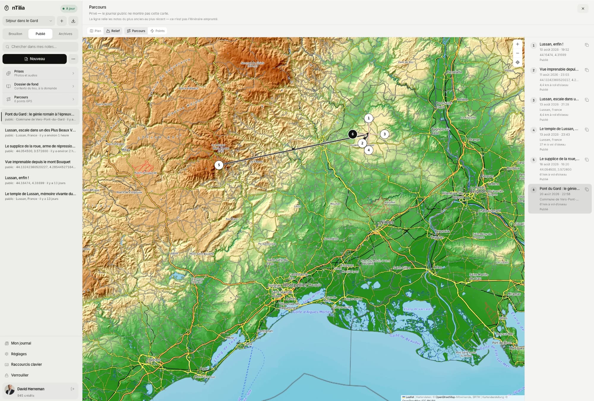 A nTilia Mission map: route, GPS points, and field notes